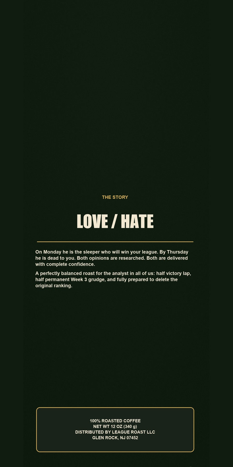 Love / Hate League Roast coffee box back panel