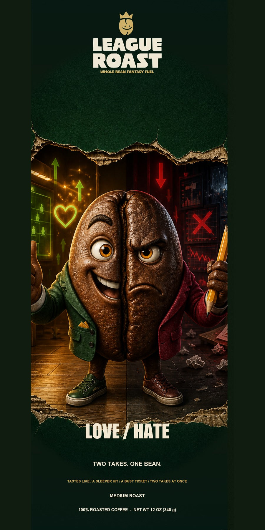Love / Hate League Roast coffee box front panel